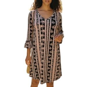 Everly Floral Stripe Shift Dress Women Size Medium Black Pink Bell Sleeve V-Neck